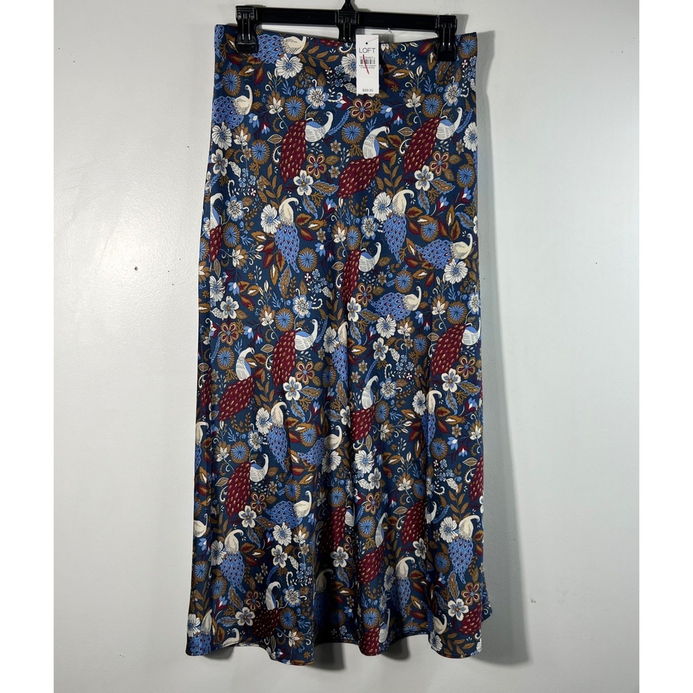 Womens Loft Peacock Floral Midi Maxi Skirt Blue Red White S NWT msrp 90‎